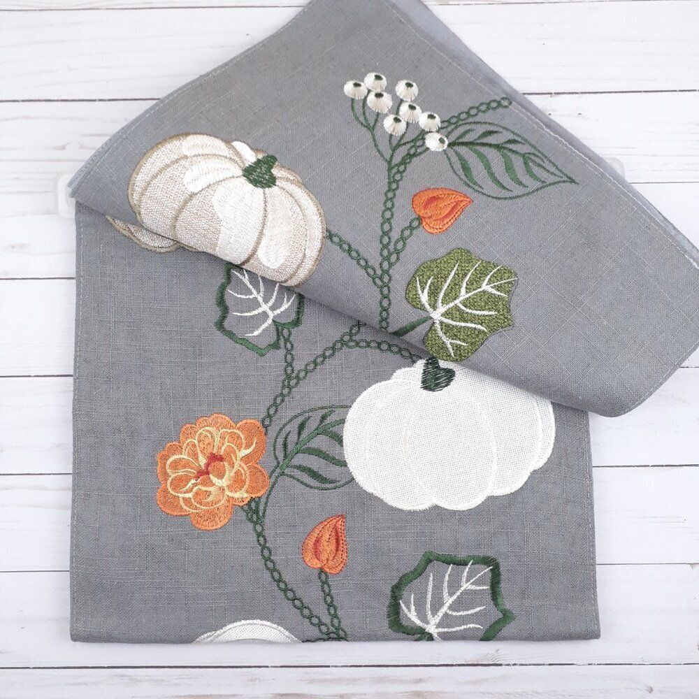 Fall Embroidered Table Runner 14x70 Rory Pumpkin Flowers Linen Blend Gray - Picture 2 of 4